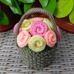 PDF KNITTING PATTERN Rose Flower Basket Chocolate Orange Cover, Mother's Day Roses, Easter Knitting Patterns, Egg Basket, Knitted Flowers