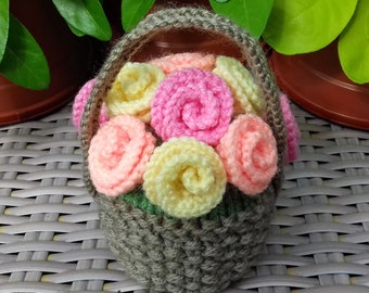 Rose Flower Basket Chocolate Orange Cover Knitting Pattern, Easter Knitting Patterns, Easter Basket, Knitted Flowers, Roses, Cosy, Gifts