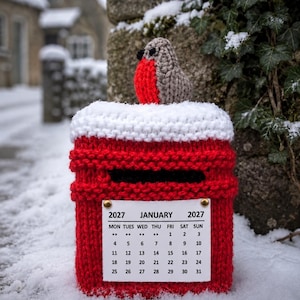 PDF KNITTING PATTERN Post Box Calendar Chocolate Orange Cover, Christmas Knitting Patterns, Christmas Robin, Knitted Desktop Calendar Cosy