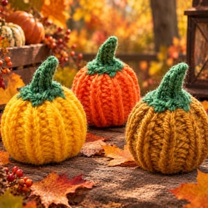 May include: Three handmade crochet pumpkins in yellow, orange, and mustard brown, each featuring a textured ribbed pattern and a solid green crocheted stem. These soft, yarn-based decorative items are arranged together in a cluster.