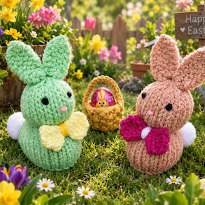 May include: Two crocheted stuffed rabbits, one light green with a yellow bow and one light brown with a magenta bow, each featuring a white tail and black eyes. Between them sits a small yellow crocheted basket containing a chocolate egg.