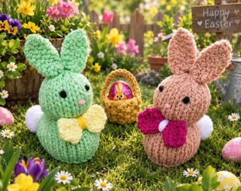 PDF KNITTING PATTERN Easter Bunnies & Baskets Creme Egg Covers, Easter Knitting Patterns, Knitted Chocolate Favours, Rabbit Easter Egg Cosy