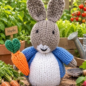 May include: A hand-knitted stuffed rabbit toy featuring a brown head with long ears, a white belly, and a blue jacket. The rabbit is holding a bright orange carrot with green leafy tops in its right hand. The toy is crafted with a visible knit texture.