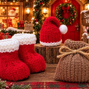 May include: A pair of red and white crocheted boots, a red and white crocheted hat with a white pom-pom, and a brown crocheted drawstring pouch with a jute twine bow. The items are arranged on a wooden surface with a festive holiday theme.