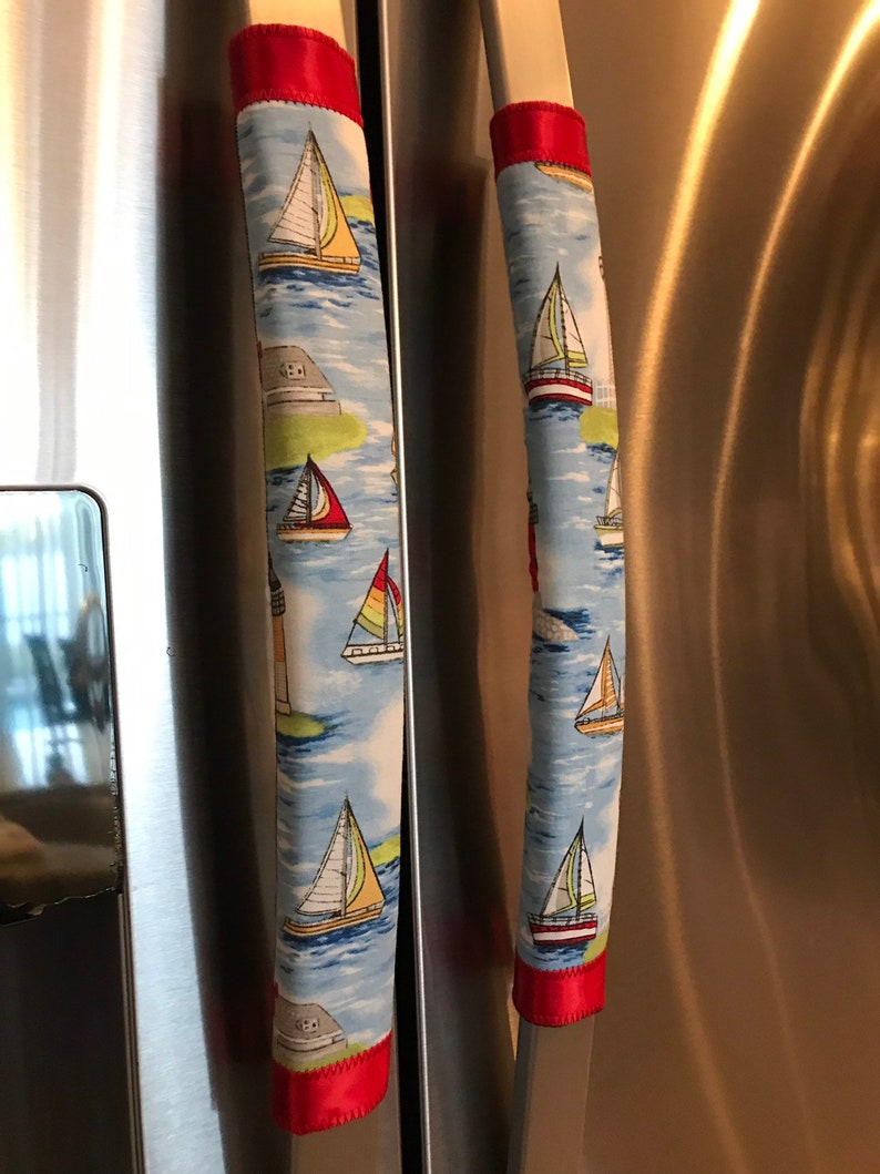 Refrigerator Door Handle Covers Set of Two Lighthouse Boats Theme 13 L x 4.5-5\u201d W