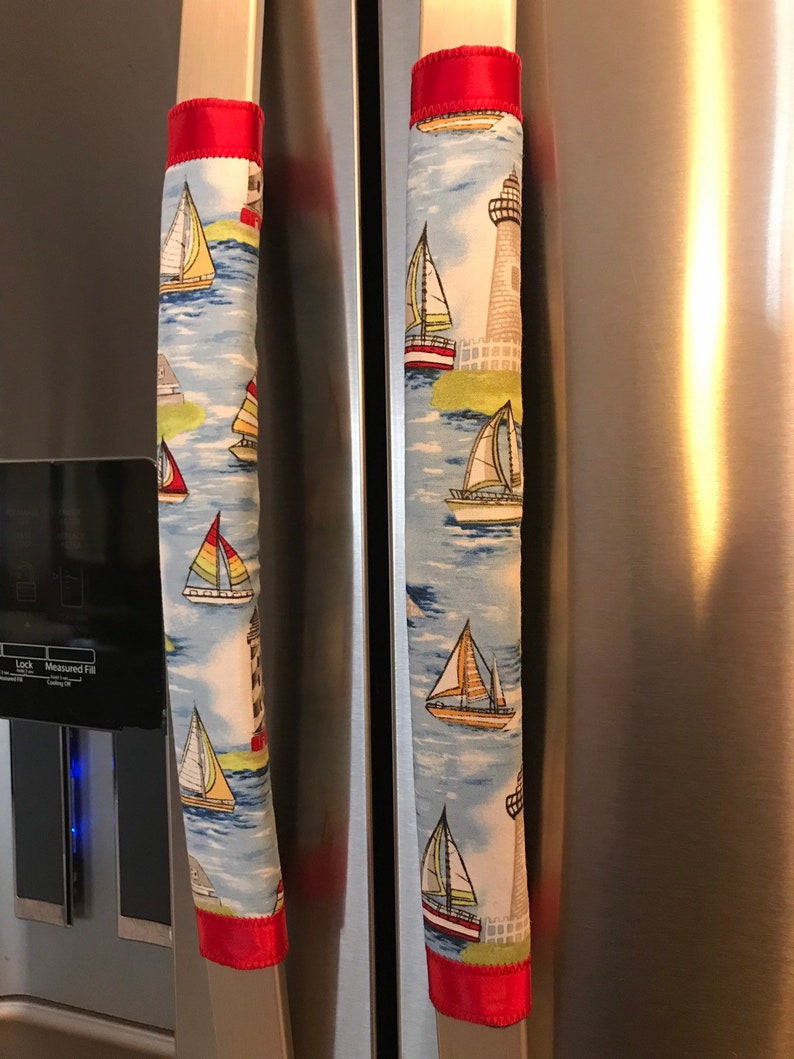 Refrigerator Door Handle Covers Set of Two Lighthouse Boats Theme 13 L x 4.5-5\u201d W