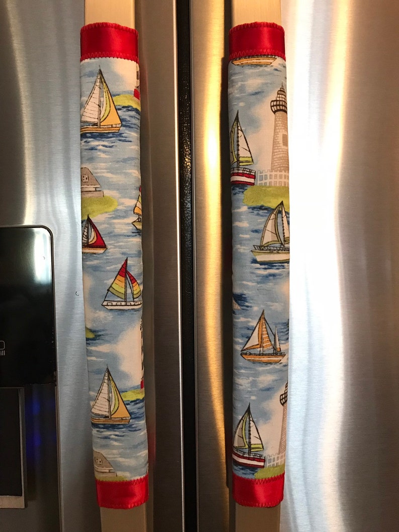 Refrigerator Door Handle Covers Set of Two Lighthouse Boats Theme 13 L x 4.5-5\u201d W