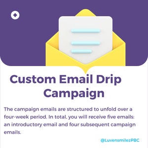 May include: A yellow envelope with a white paper inside. The text reads "Custom Email Drip Campaign" and explains that the campaign emails are structured to unfold over a four-week period. In total, you will receive five emails: an introductory email and four subsequent campaign emails. The text also includes the social media handle @LuvensmilezPBC.
