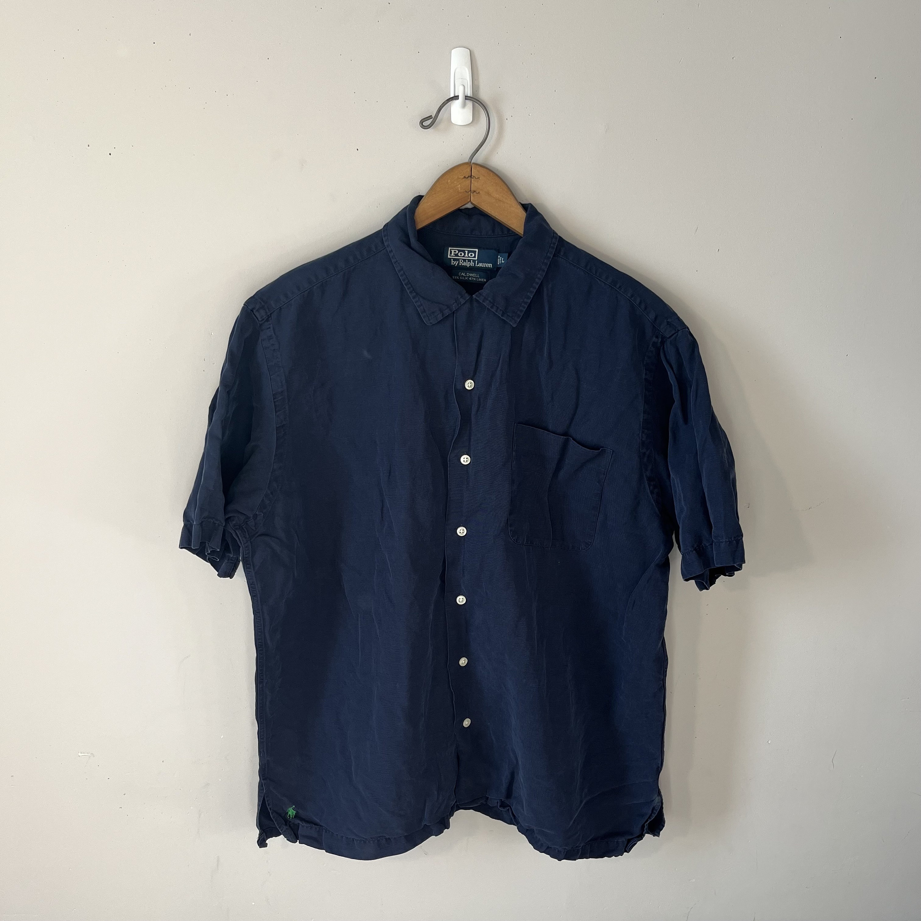 Vintage Polo Ralph Lauren Caldwell Silk Navy Blue Loop Collar Shirt Mens  Large