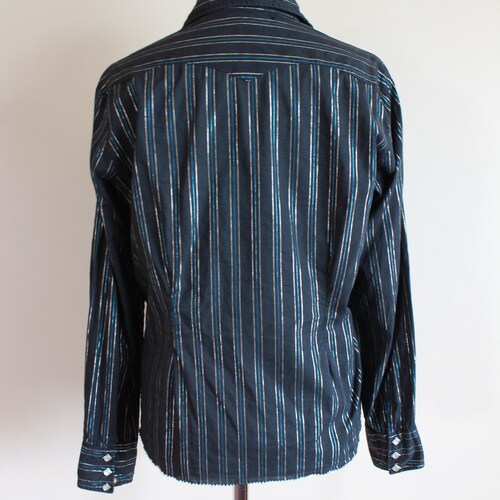 Vintage 1950s LEVI'S Authentic Western Wear Women's Shirt. Black with Silver Metallic Stripes and Sawtooth shops Pockets. Pearly Snaps.