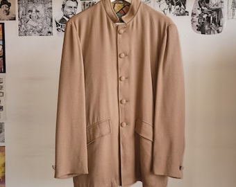 60s Sears Mod Jacket | Modern Art Abstract Lining | Beige | Medium | Beatles Style Band Collar |