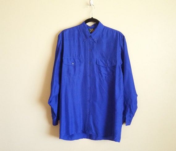 Vintage Unisex 'Stone Silks' Brand Blue Silk Shirt