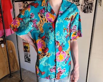 Camisa hawaiana vintage de los años 80 de la marca Beach Boys, talla mediana, azul, tropical, abstracta, manga corta, abotonada, camisa de verano.