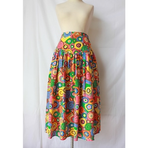 Vintage 1980s Marie Colourful Silk Skirt | Abstract Patterns | Yolk | Pleated | Flowing | Full | Calf length | Small | 25&quot; Waist