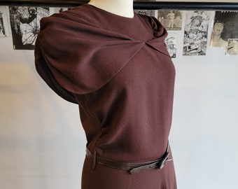 1940s Brown Rayon Crepe Dress | Medium | Side Zipper | Gathered Shoulder Details | Evening Dress