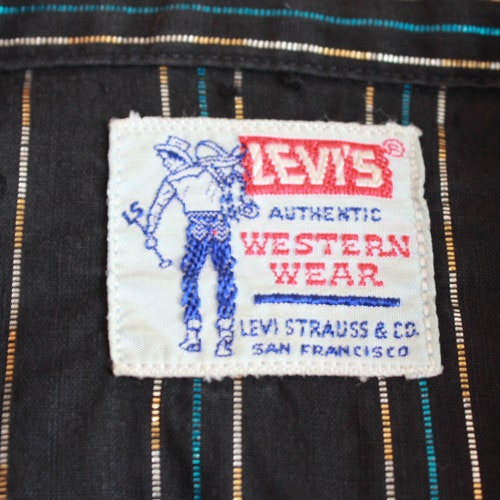 Vintage 1950s LEVI'S Authentic Western Wear Women's Shirt. Black with Silver Metallic Stripes and Sawtooth shops Pockets. Pearly Snaps.