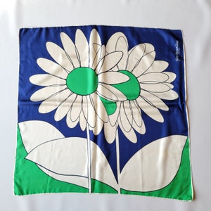 1960s Yves Vacarisas Paris Silk Scarf | Big Daisy | Mod | Blue and Green