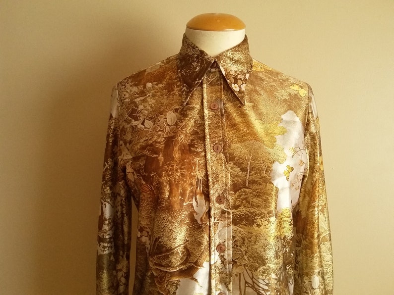 Animal Print Toronto./' Made In Canada Size 11-12 Vintage 70s Women/'s Woodland Themed Polyester Blouse /'Bernard Cowan Autumn Tones.