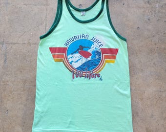 Vintage 70s Mayo Spruce Hawaiian Surf Tank | Mint Green Ringer | Size Large to Extra Large | Hawaiian Juice 100% Juice | Stretchy