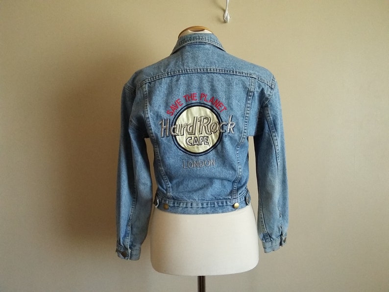 Vintage 90s Women S Hard Rock Cafe Save The Planet Denim Jacket Jean Classic Small London Cart Cute Cotton