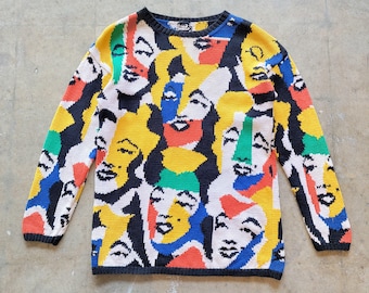 Vintage 80s Marilyn Monroe Andy Warhol Sweater | Hand Knit | Cotton | Size Medium | Chunky | Colourful | Rare | Pop Art
