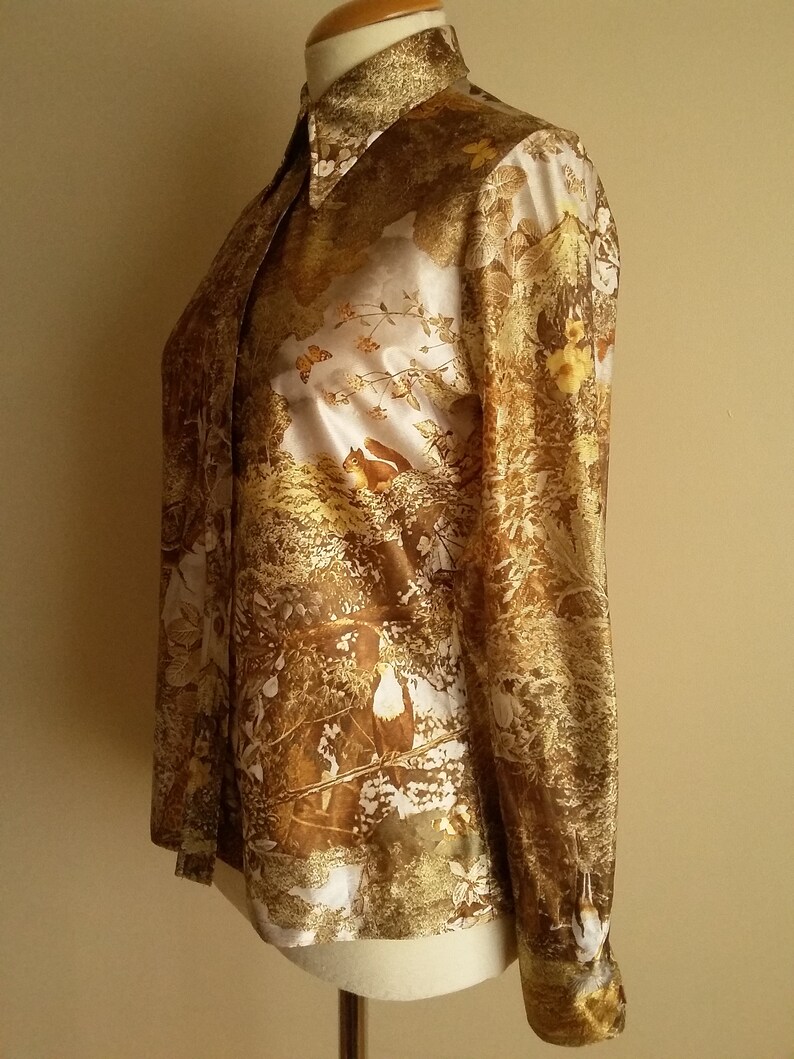 Animal Print Toronto./' Made In Canada Size 11-12 Vintage 70s Women/'s Woodland Themed Polyester Blouse /'Bernard Cowan Autumn Tones.