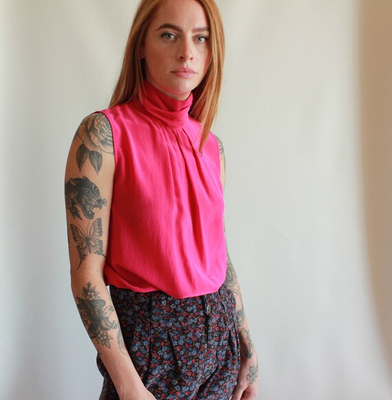 Vintage 1990s Sleeveless Silk Blouse. Fuschia Pink