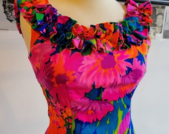 1960s Hawaiian Mini Dress | XS | Hot Tropical Colours | Sleeveless | Liberty House by Sydney | Made in Hawaii