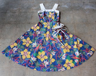 Vintage 40s / 50s Kamehameha Hawaiian Dress | Cotton | Big Pocket | Sleeveless | Full Skirt | Primary Colours | Tropical | Talon Zipper