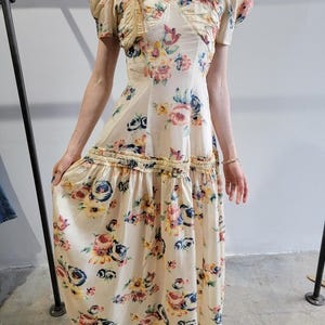 Vintage 1930s Puff Sleeve Formal Dress | Floral Printed Taffeta | Size XS | Prom Gown