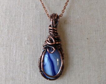 Purple banded agate stone pendant necklace copper wire wrapped