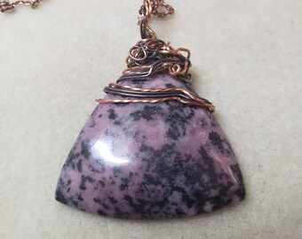 Large rhodonite stone pendant copper wire wrapped with copper chain