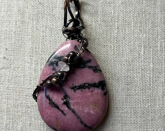 Pink rhodonite stone pendant copper wire wrapped with chain