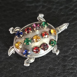 Turtle Brooch, In Sterling Silver, with Multi colored stones, Marked sterling