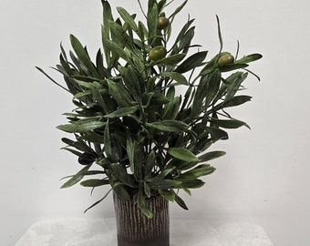 Faux Olive Tree Branch, PVC greenery, Potted in a Handcrafted Clay Pot.
