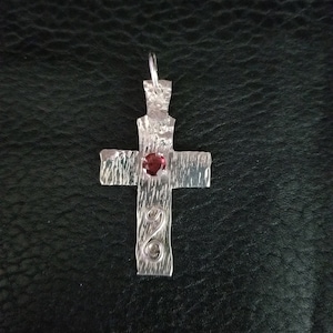 Red Garnet Cross pendent, on Sterling Silver, with Prong setting, Artisan made.