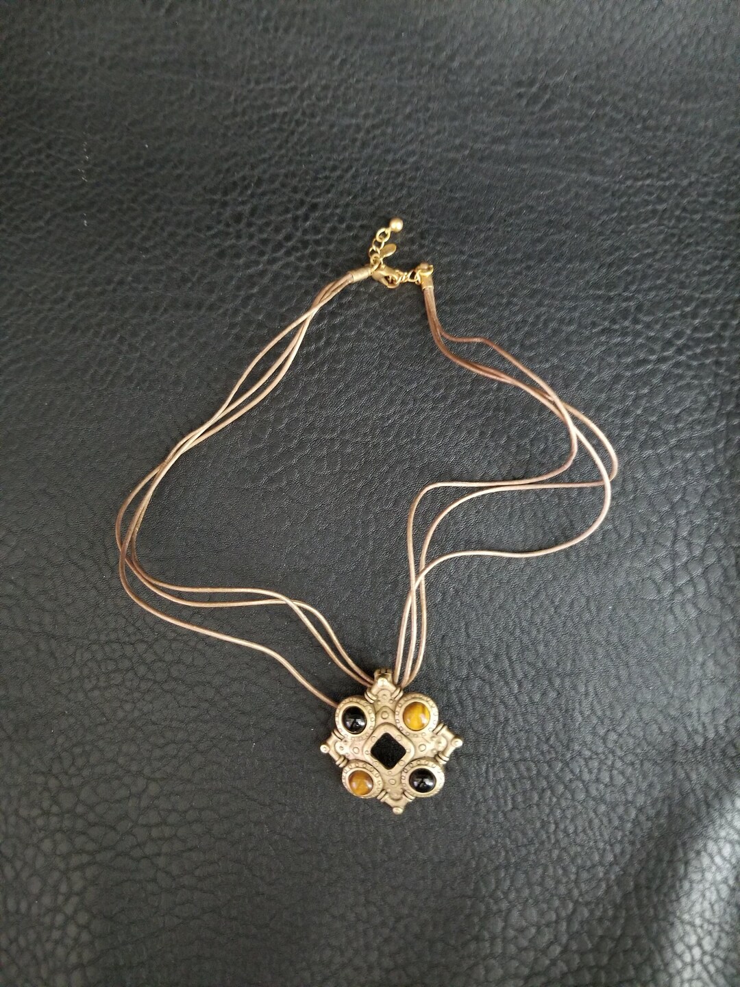 Signed, Crown PD Necklace, Premier Designs, Vintage 1980's, Gold Tone Metal, Tiger Eye Stones