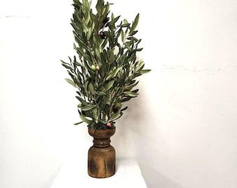 Faux Olive Tree Branch, Wood Carved Wooden pot.