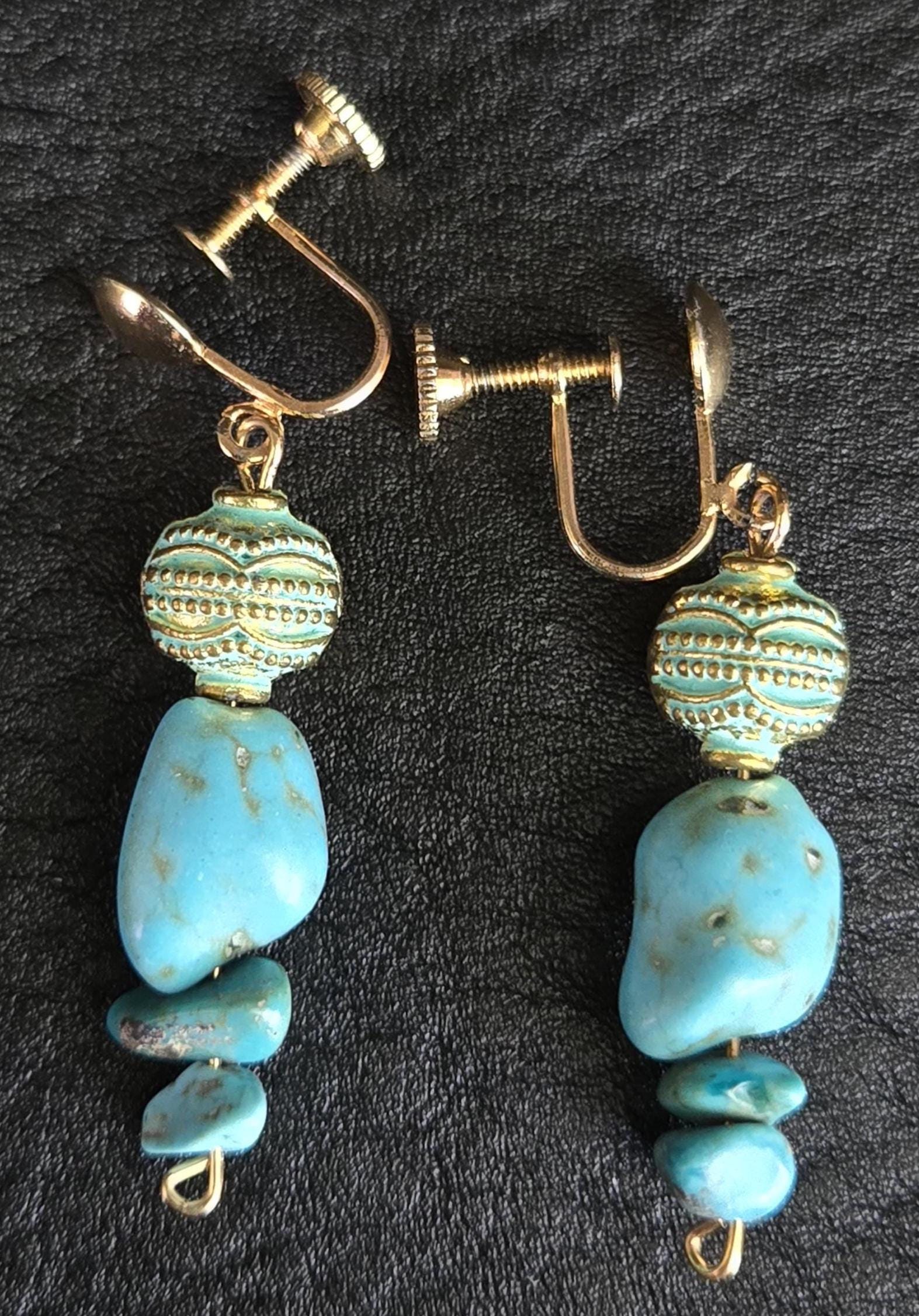 Turquoise Stone Beaded Earrings: 12K GF Gold Screw Back Clip Ons