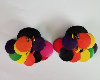 Vintage 1980's Clip on earrings, Unsigned Gerda Lynggaard, Multi colored wood discs.