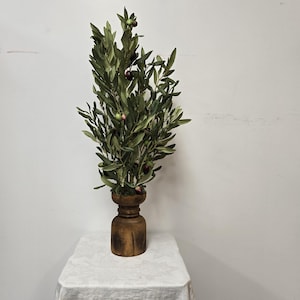 Faux Olive Tree Branch, Potted in a Wood Carved Wooden pot.