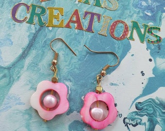 Pink flower pearl earrings