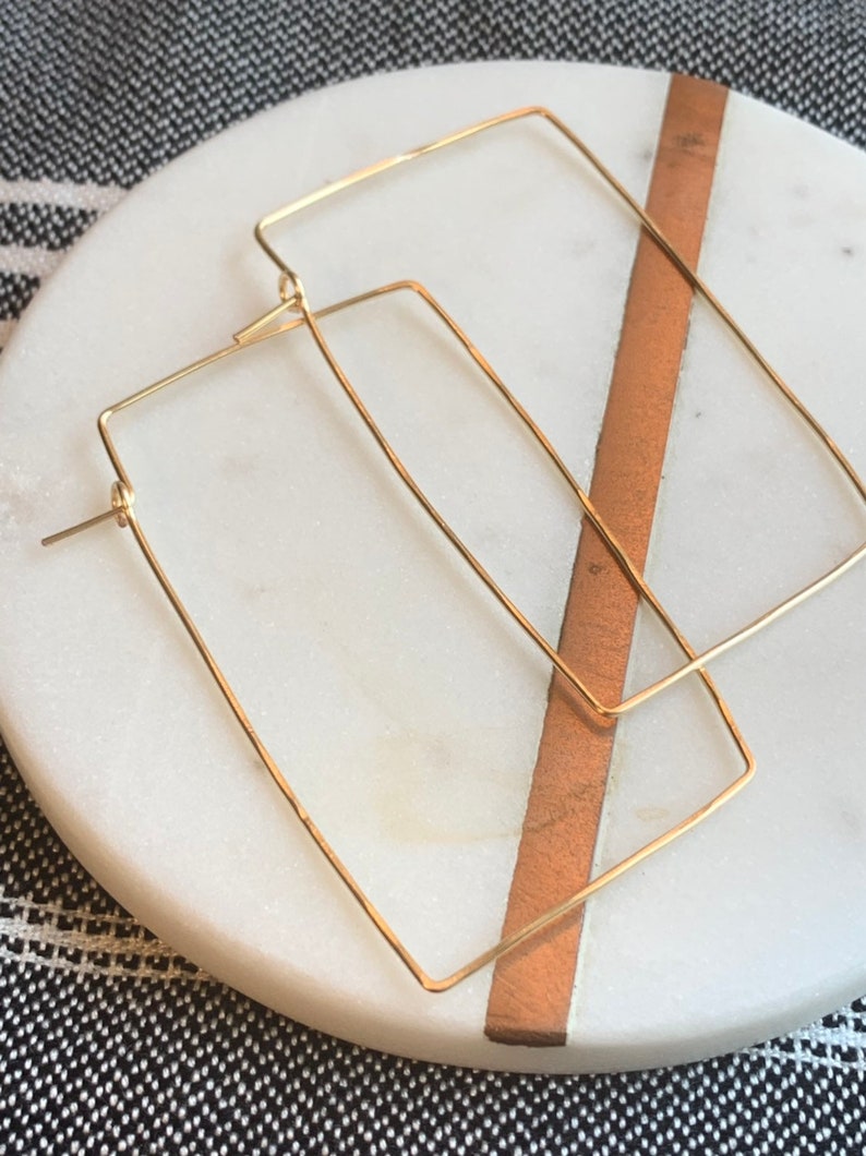 Rectangle hoop earrings/hammered gold wire/thin square hoop image 2