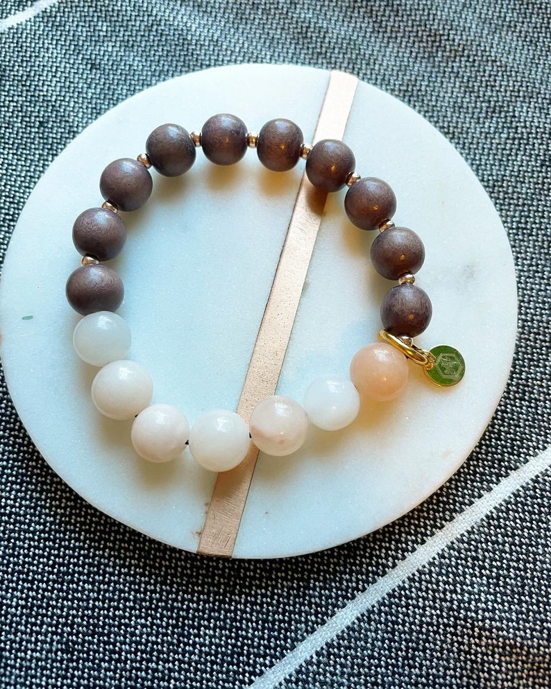Pink opal stone bracelet: semi-precious stone beads with wood and gold accent beads. image 1
