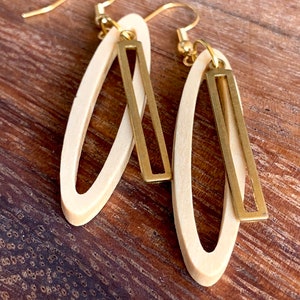 Cut wood and raw brass dangle earring on nickel free gold plated hooks image 1