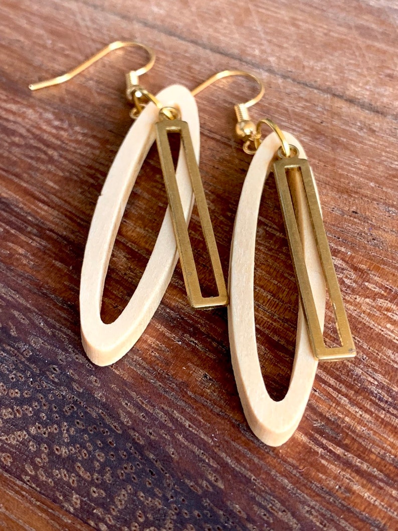 Cut wood and raw brass dangle earring on nickel free gold plated hooks image 1