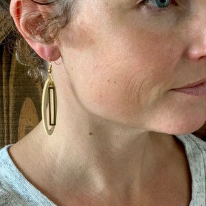 Cut wood and raw brass dangle earring on nickel free gold plated hooks image 3