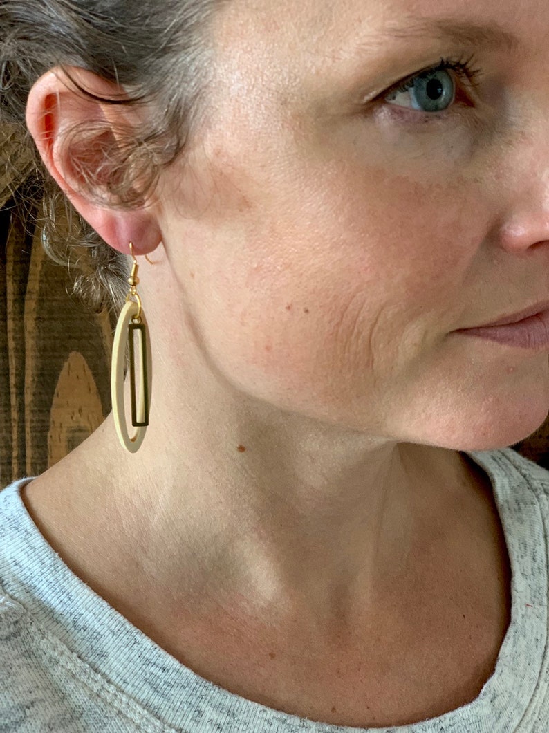 Cut wood and raw brass dangle earring on nickel free gold plated hooks image 3