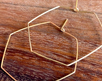 Gold wire hexagon hoop earrings