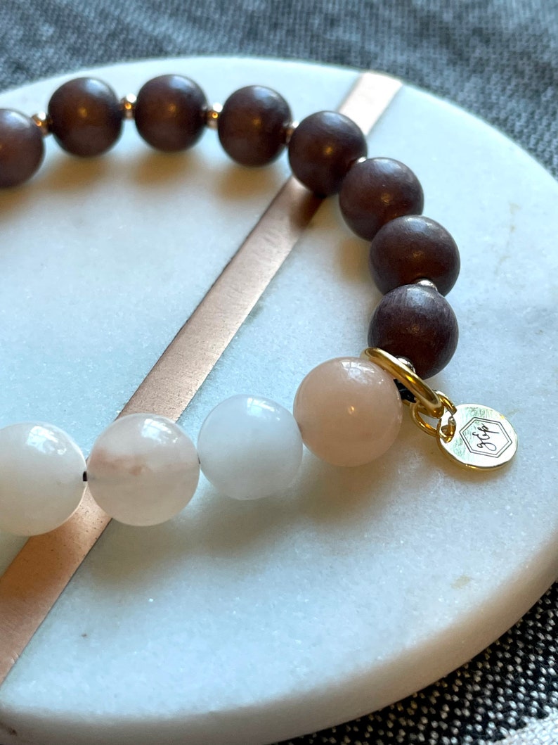 Pink opal stone bracelet: semi-precious stone beads with wood and gold accent beads. image 2